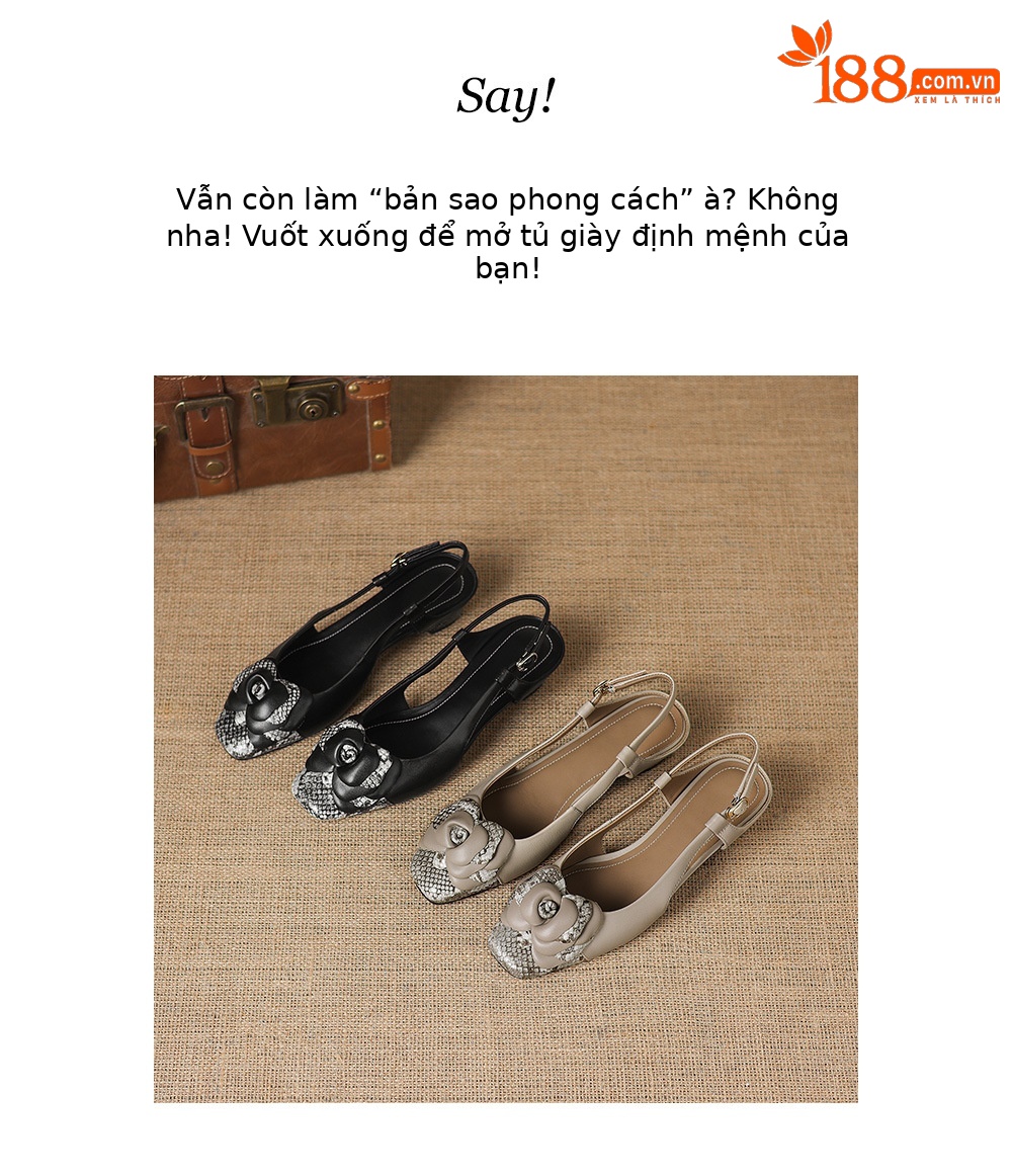 Sandal nữ da dê gót thấp 3,5 cm mũi kín hở gót quai ngang hoa ghép màu — đen chi tiết 8