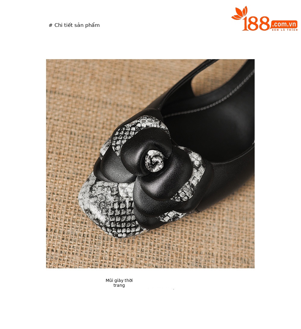 Sandal nữ da dê gót thấp 3,5 cm mũi kín hở gót quai ngang hoa ghép màu — đen chi tiết 9