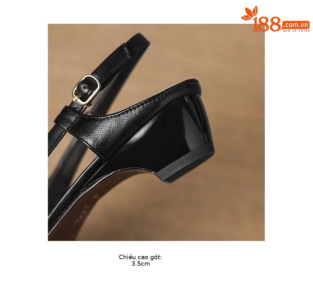 Sandal nữ da dê gót thấp 3,5 cm mũi kín hở gót quai ngang hoa ghép màu — đen chi tiết 10