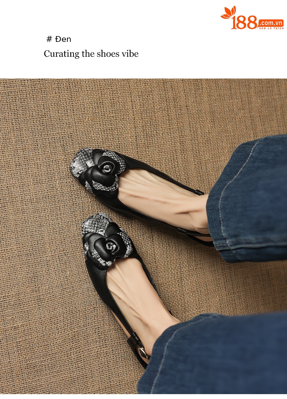 Sandal nữ da dê gót thấp 3,5 cm mũi kín hở gót quai ngang hoa ghép màu — đen chi tiết 17