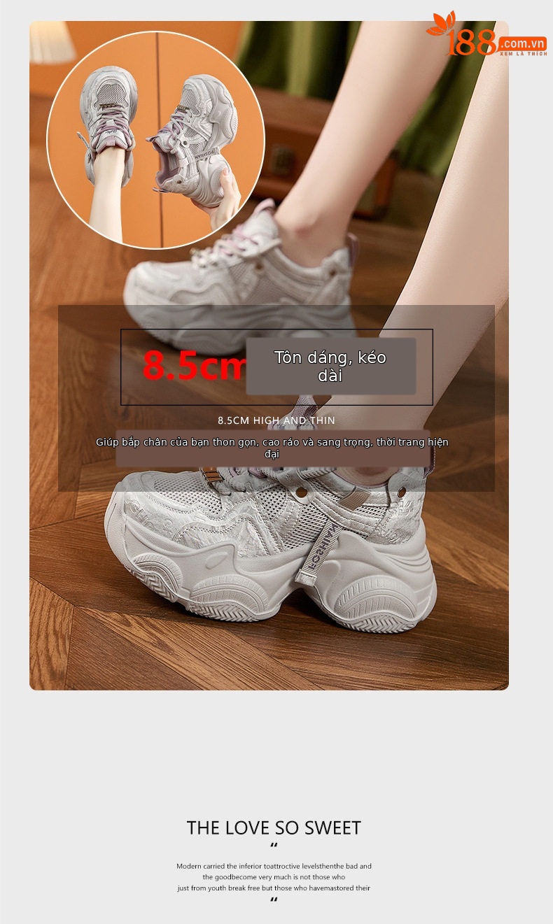 Giày sneaker nữ đế dày chunky lưới thoáng khí gót siêu cao 8 cm — Xám hồng, Len nguyên chất chi tiết 9