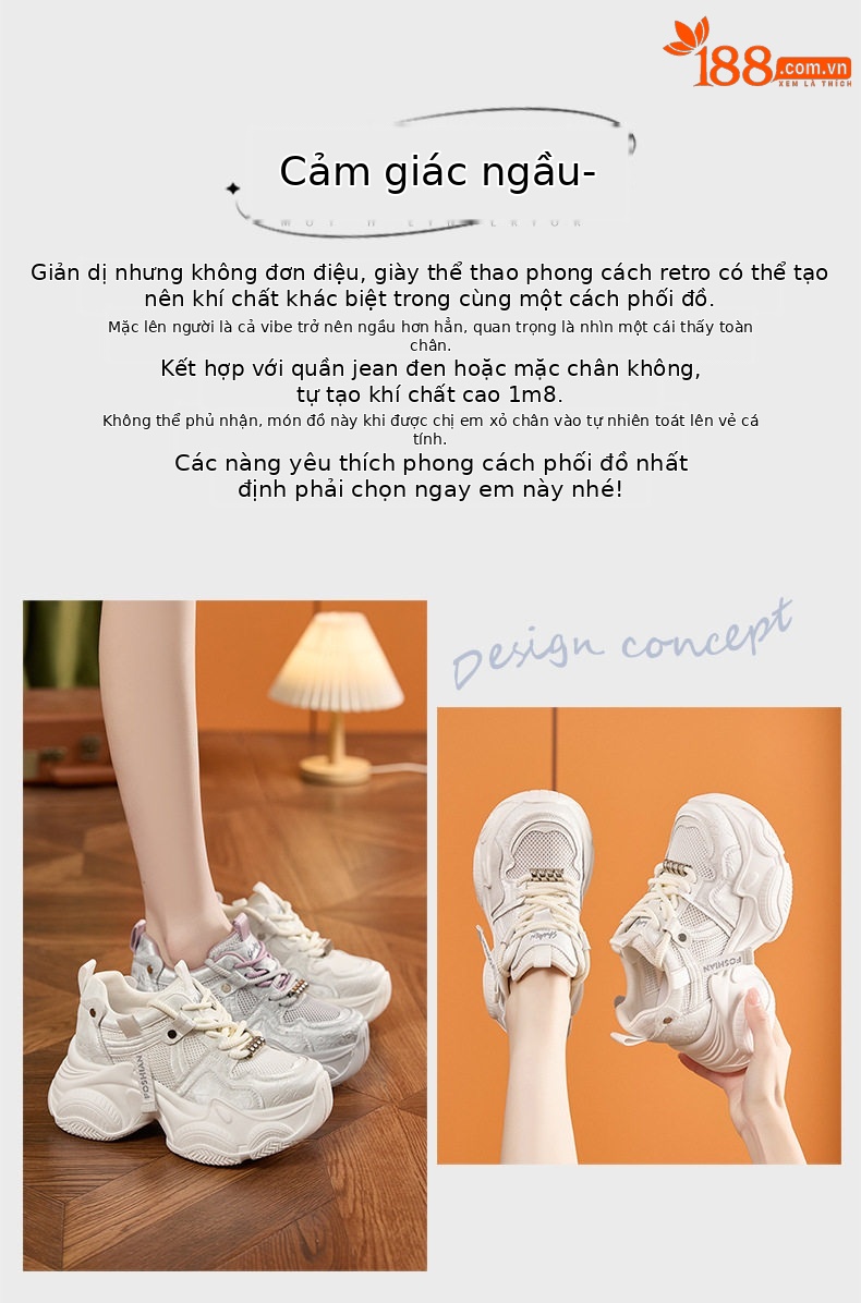 Giày sneaker nữ đế dày chunky lưới thoáng khí gót siêu cao 8 cm — Xám hồng, Len nguyên chất chi tiết 4