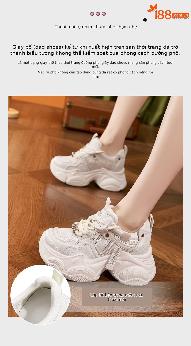 Giày sneaker nữ đế dày chunky lưới thoáng khí gót siêu cao 8 cm — Xám hồng, Len nguyên chất chi tiết 5