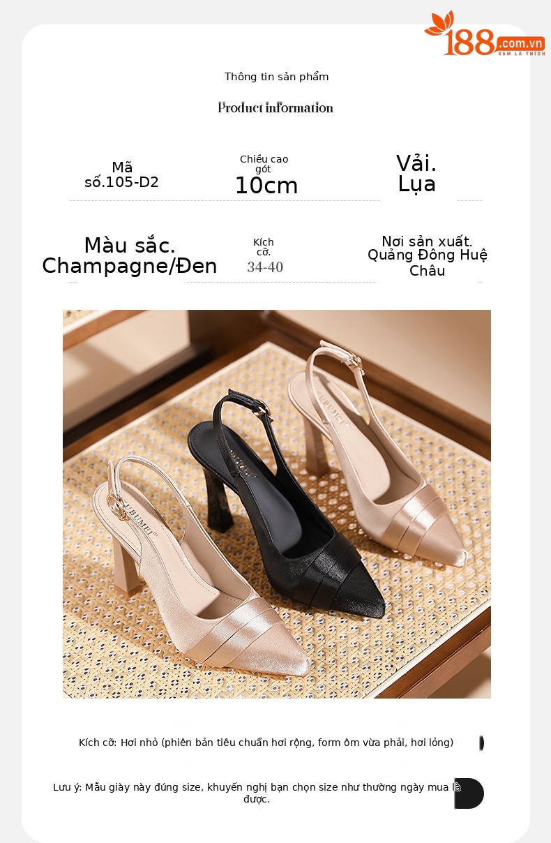 Sandal cao gót nữ mũi nhọn hở gót, gót nhọn 10 cm, đế trong có độn cao — Champagne-10cm chi tiết 3