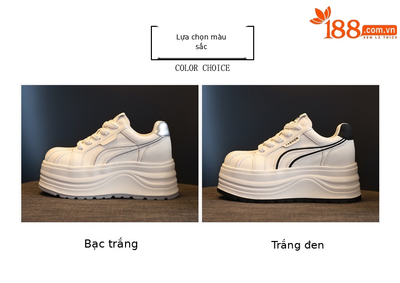 Giày sneaker nữ đế dày tăng chiều cao phong cách basic trắng — Bạc trắng chi tiết 2