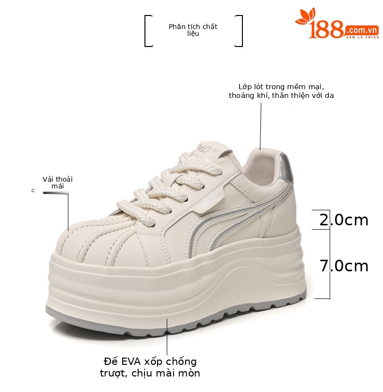 Giày sneaker nữ đế dày tăng chiều cao phong cách basic trắng — Bạc trắng chi tiết 3