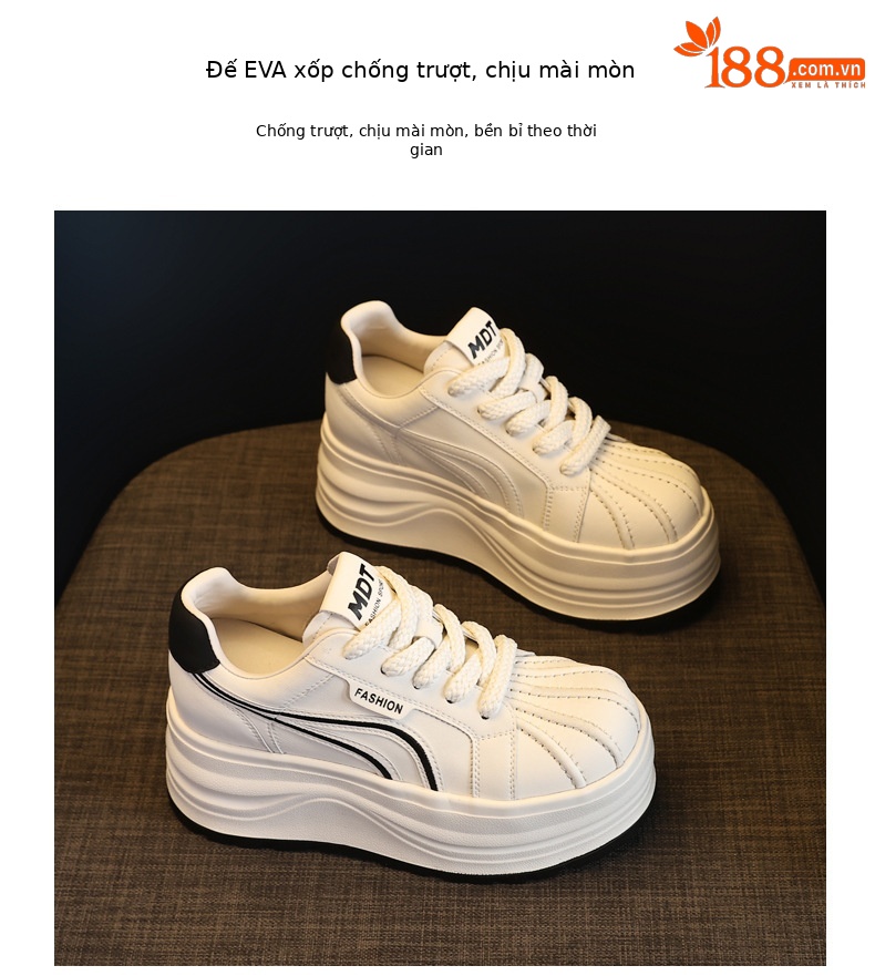 Giày sneaker nữ đế dày tăng chiều cao phong cách basic trắng — Bạc trắng chi tiết 10