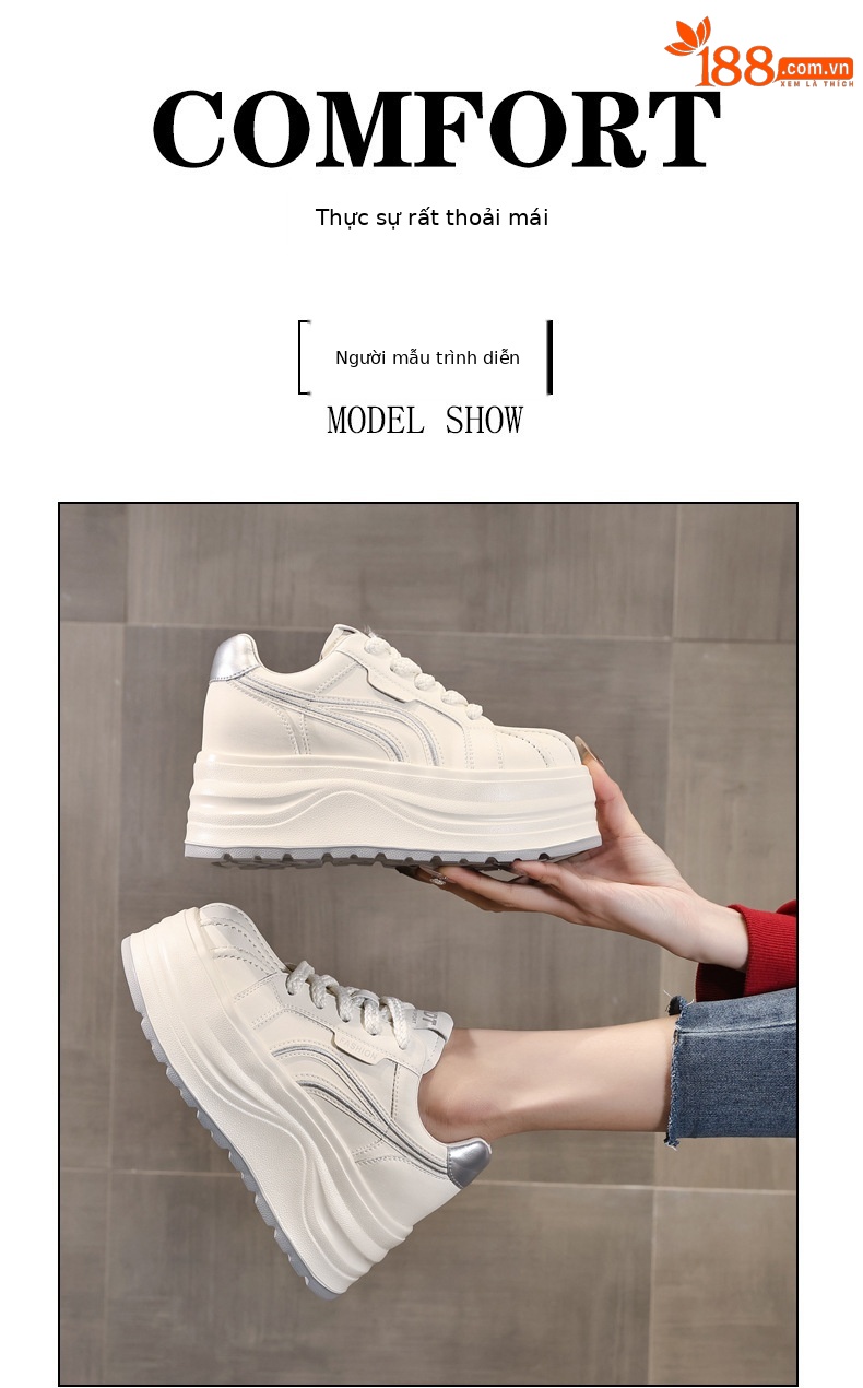 Giày sneaker nữ đế dày tăng chiều cao phong cách basic trắng — Bạc trắng chi tiết 11