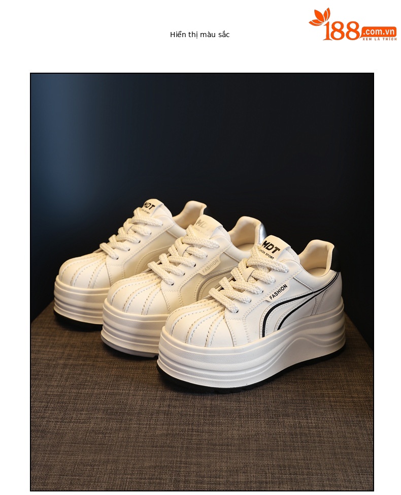 Giày sneaker nữ đế dày tăng chiều cao phong cách basic trắng — Bạc trắng chi tiết 18