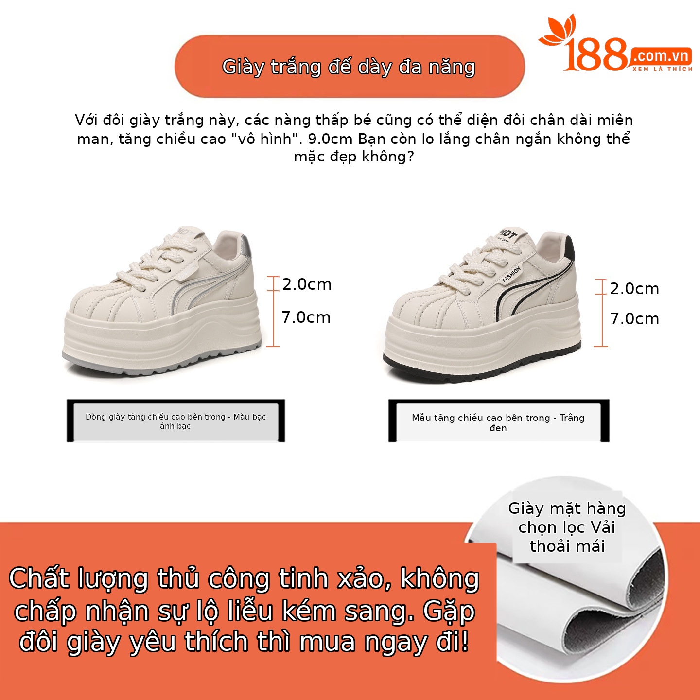Giày sneaker nữ đế dày tăng chiều cao phong cách basic trắng — Bạc trắng