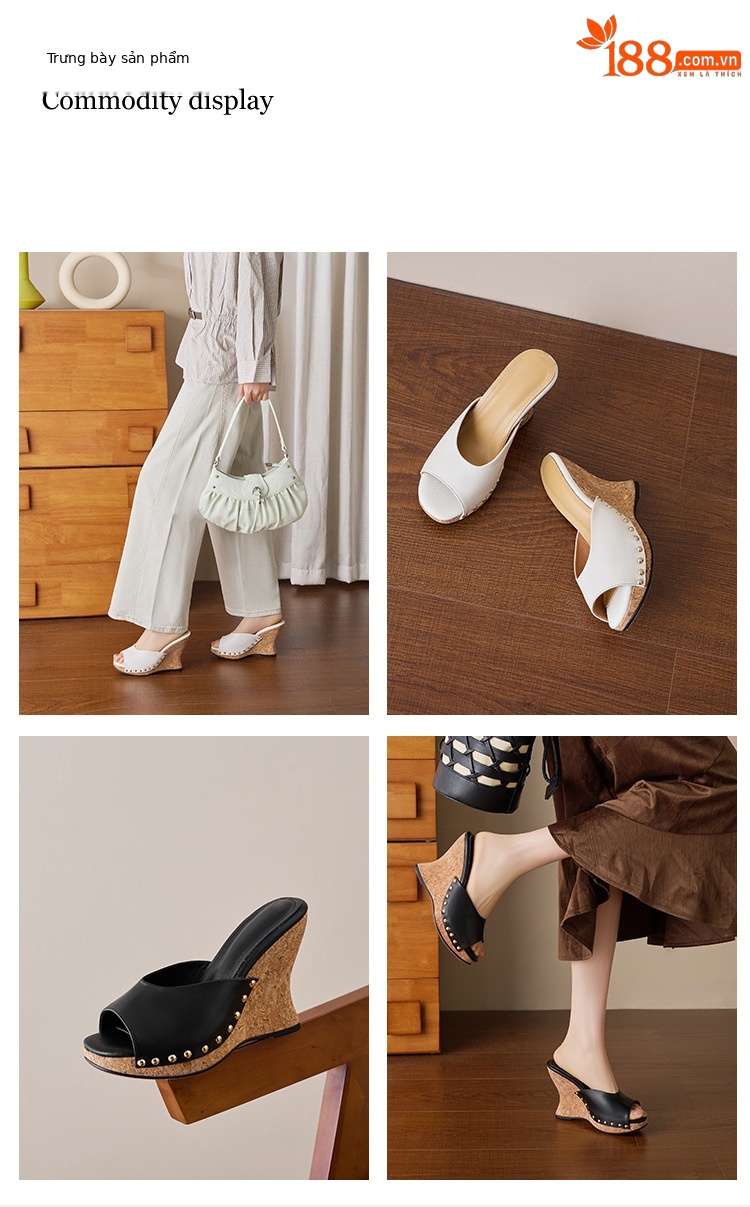 Sandal cao gót nữ hở mũi đế xuồng 11cm đinh tán — màu đen, màu trắng ngà chi tiết 1