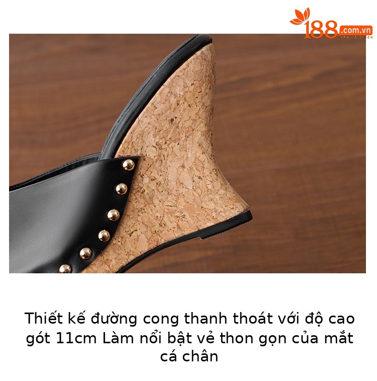 Sandal cao gót nữ hở mũi đế xuồng 11cm đinh tán — màu đen, màu trắng ngà chi tiết 5