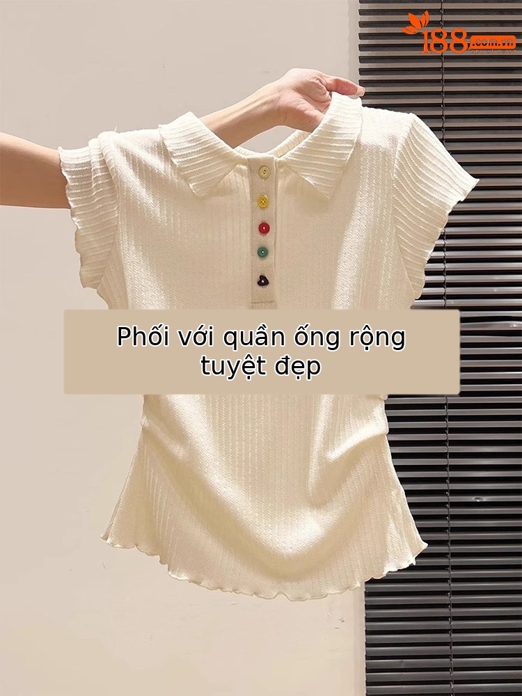 Áo thun polo nữ tay ngắn cổ bẻ cúc màu, kiểu thắt eo xếp nếp viền bèo mùa hè — màu mơ