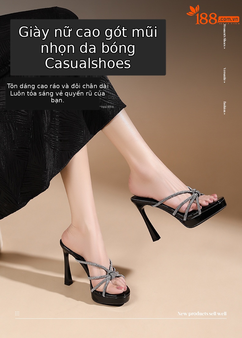 Sandal cao gót nữ mũi nhọn quai chéo đính đá, gót 11 cm — Màu nude - 11cm chi tiết 1