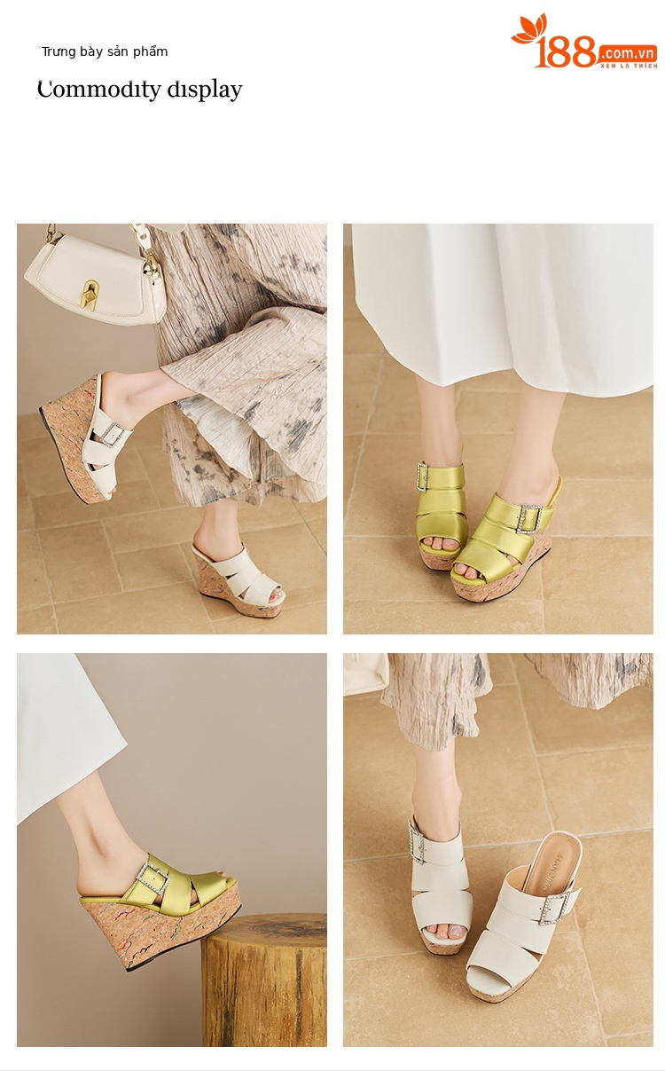 Dép sandal nữ quai ngang đế xuồng cao gót 9 cm, mũi hở, chất liệu satin mềm mại — Xanh lúa mạch, màu trắng ngà chi tiết 1