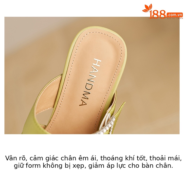 Dép sandal nữ quai ngang đế xuồng cao gót 9 cm, mũi hở, chất liệu satin mềm mại — Xanh lúa mạch, màu trắng ngà chi tiết 4