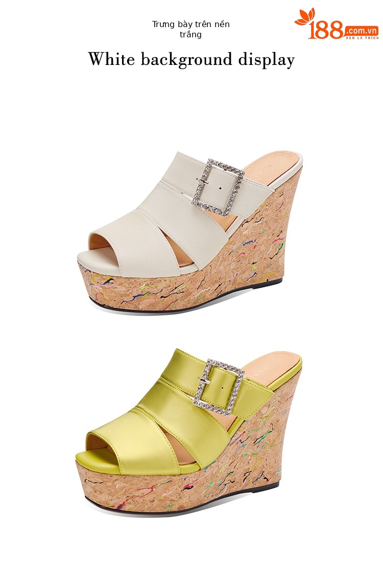 Dép sandal nữ quai ngang đế xuồng cao gót 9 cm, mũi hở, chất liệu satin mềm mại — Xanh lúa mạch, màu trắng ngà chi tiết 23
