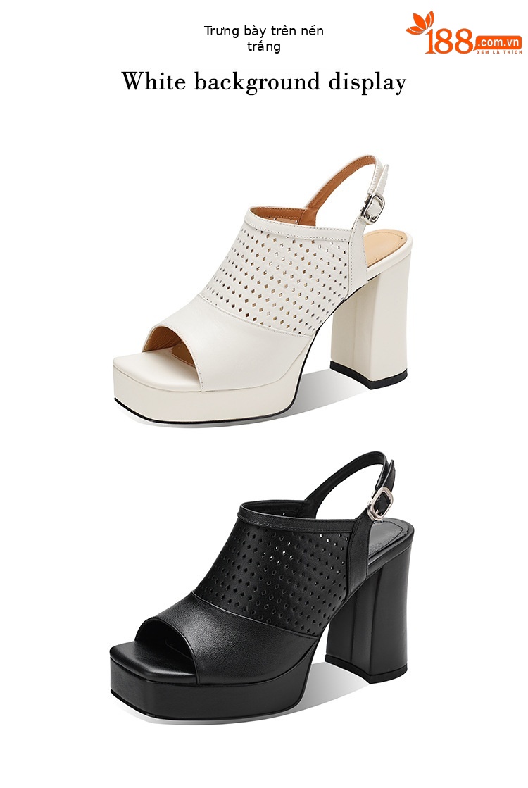 Sandal cao gót nữ hở mũi đế platform gót vuông 9 cm, quai ngang khóa, phong cách La Mã — màu đen, màu trắng ngà chi tiết 24