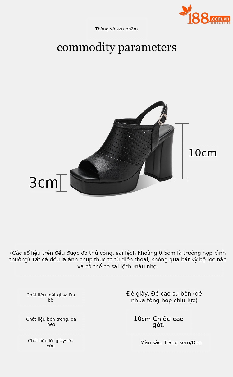 Sandal cao gót nữ hở mũi đế platform gót vuông 9 cm, quai ngang khóa, phong cách La Mã — màu đen, màu trắng ngà chi tiết 2
