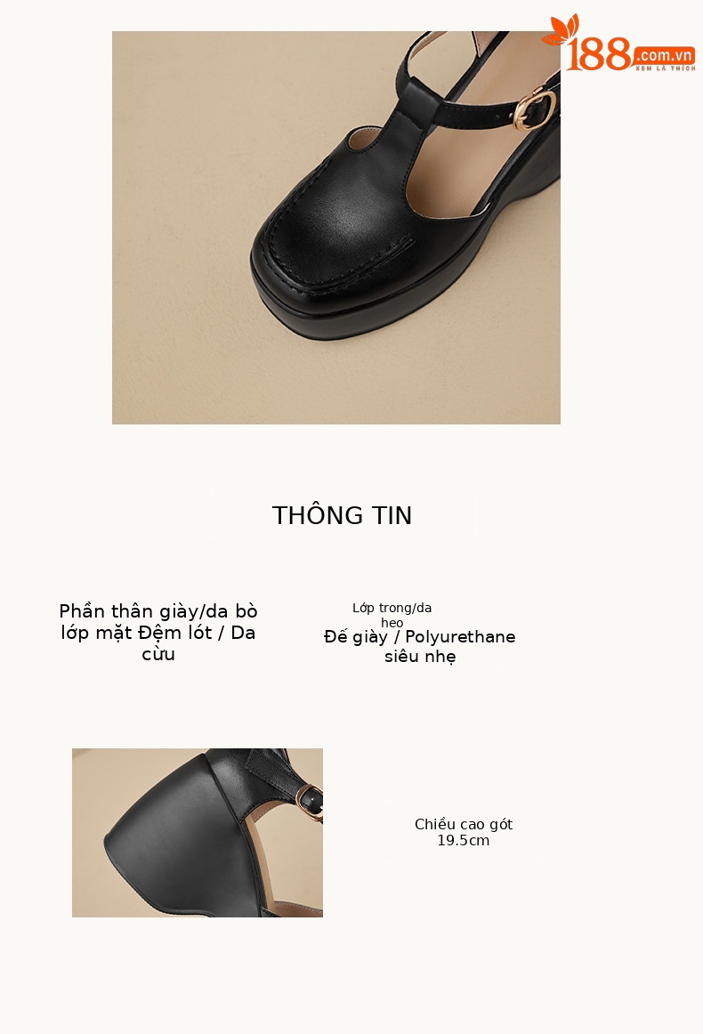 Giày cao gót nữ mũi tròn bít đế xuồng platform da bò cao cấp phong cách Mary Jane — màu đen, bạc chi tiết 2