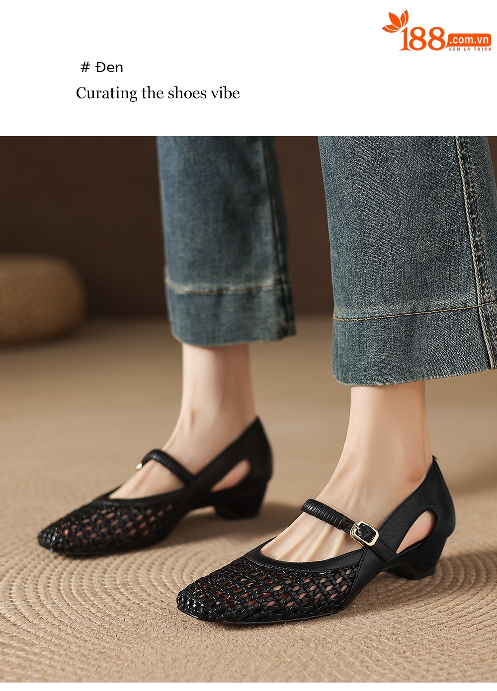 Giày sandal nữ gót thấp 3 cm mũi vuông hở bên da cừu đi làm — đen chi tiết 9