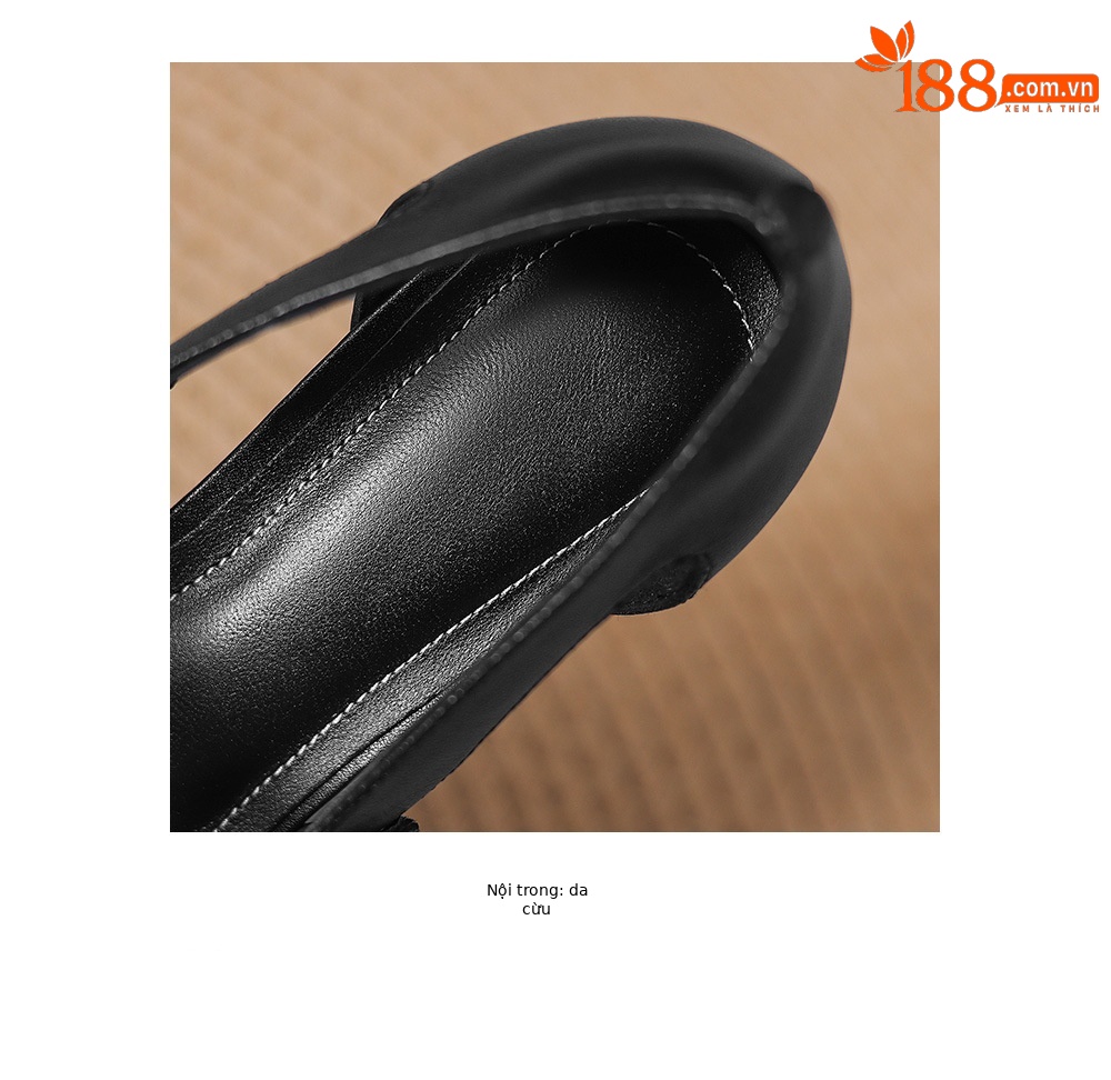 Giày sandal nữ gót thấp 3 cm mũi vuông hở bên da cừu đi làm — đen chi tiết 13