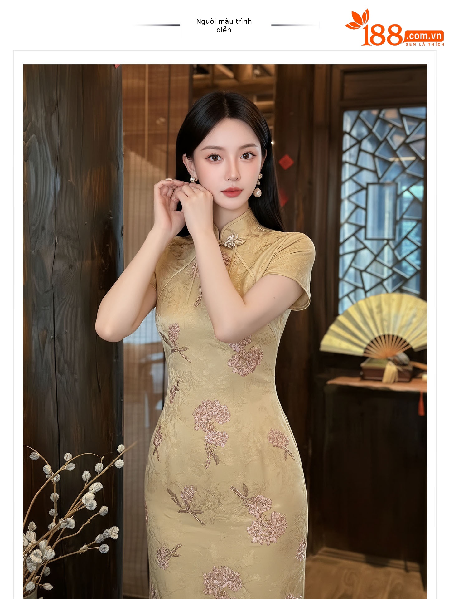 Đầm maxi nữ thêu ren hoa cổ trụ cài khuy, phong cách tân cổ điển — màu vàng chi tiết 1