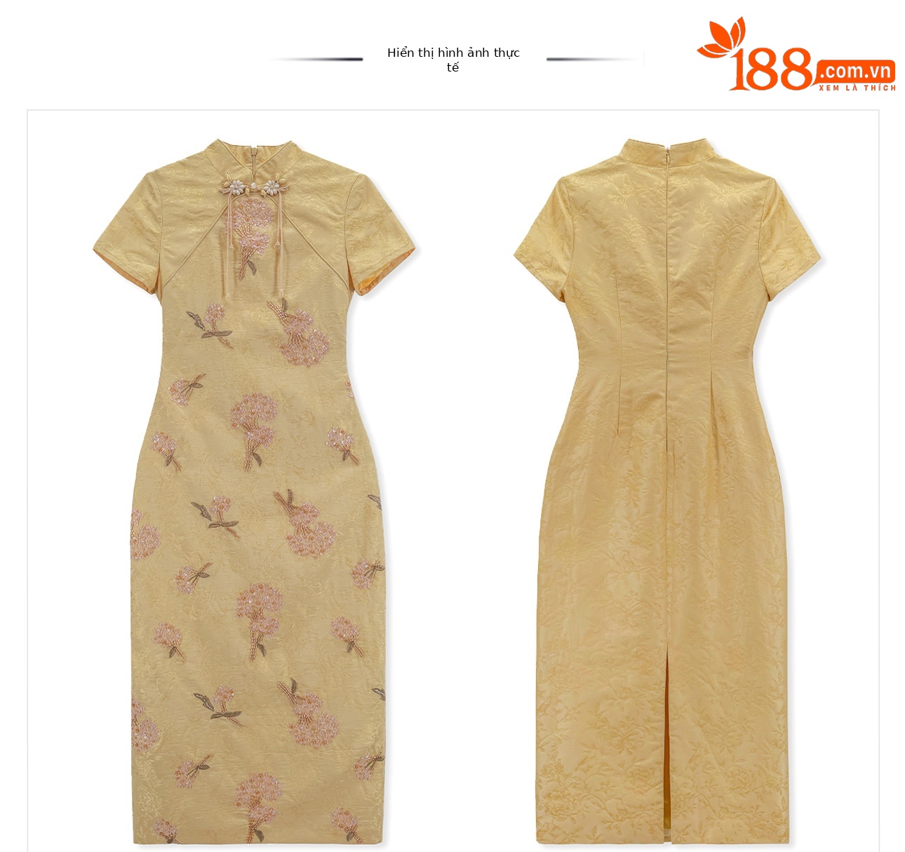 Đầm maxi nữ thêu ren hoa cổ trụ cài khuy, phong cách tân cổ điển — màu vàng chi tiết 13