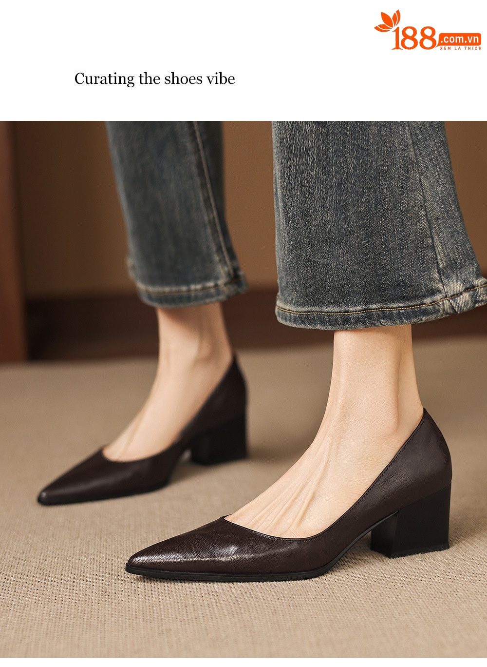 Giày cao gót nữ mũi nhọn da cừu, gót 5,5 cm, quai ngang khóa cài — màu nâu chi tiết 14