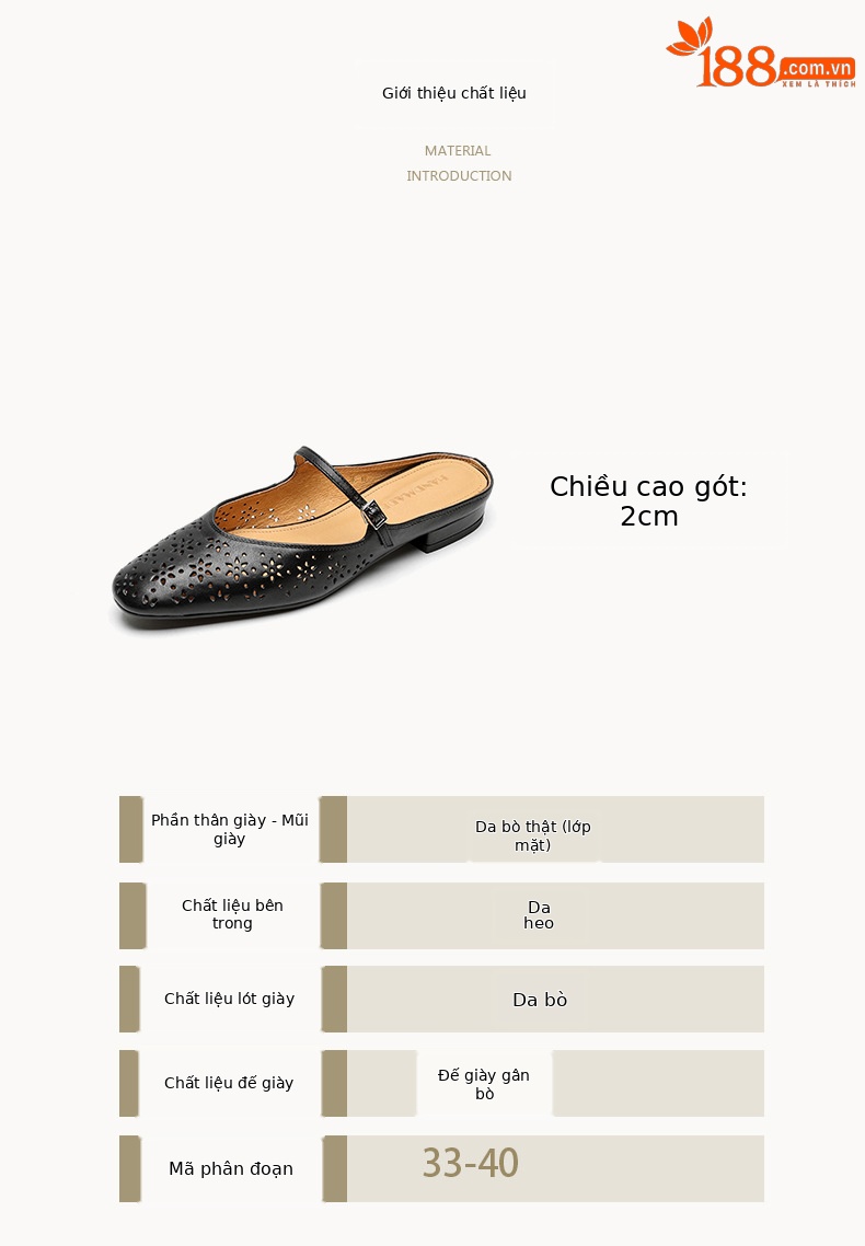 Giày mule nữ da bò đầu vuông miệng nông đế bằng hở gót — đen chi tiết 3