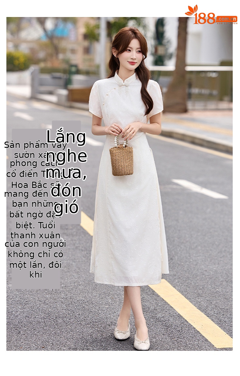 Đầm maxi nữ thắt eo phong cách tân cổ điển Trung Hoa GT8200 — màu trắng ngà chi tiết 1