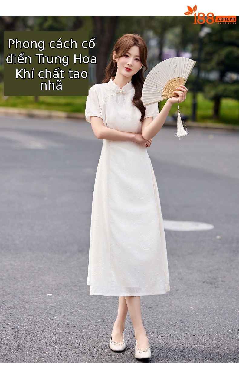 Đầm maxi nữ thắt eo phong cách tân cổ điển Trung Hoa GT8200 — màu trắng ngà chi tiết 3