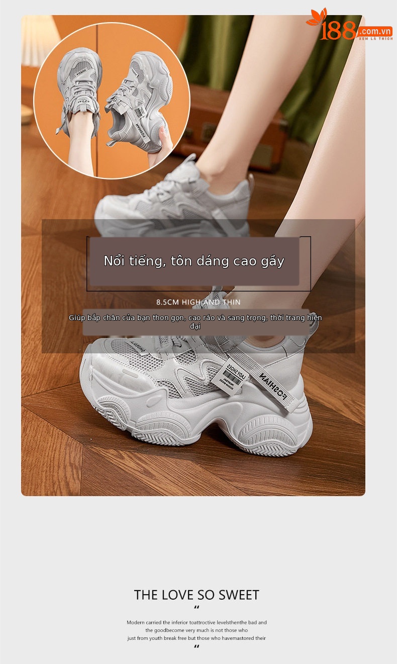 Giày platform nữ đế xuồng mũi tròn lưới thoáng khí, gót siêu cao 8cm — Xám, Len nguyên chất chi tiết 9