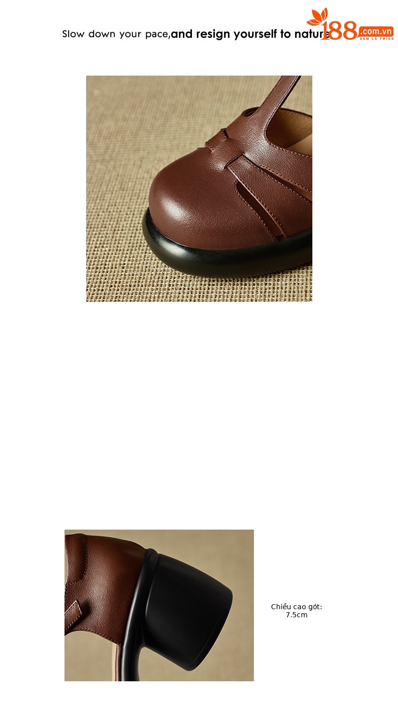 Sandal cao gót nữ mũi kín gót 7.5 cm phong cách vintage quai chữ T — màu nâu chi tiết 2