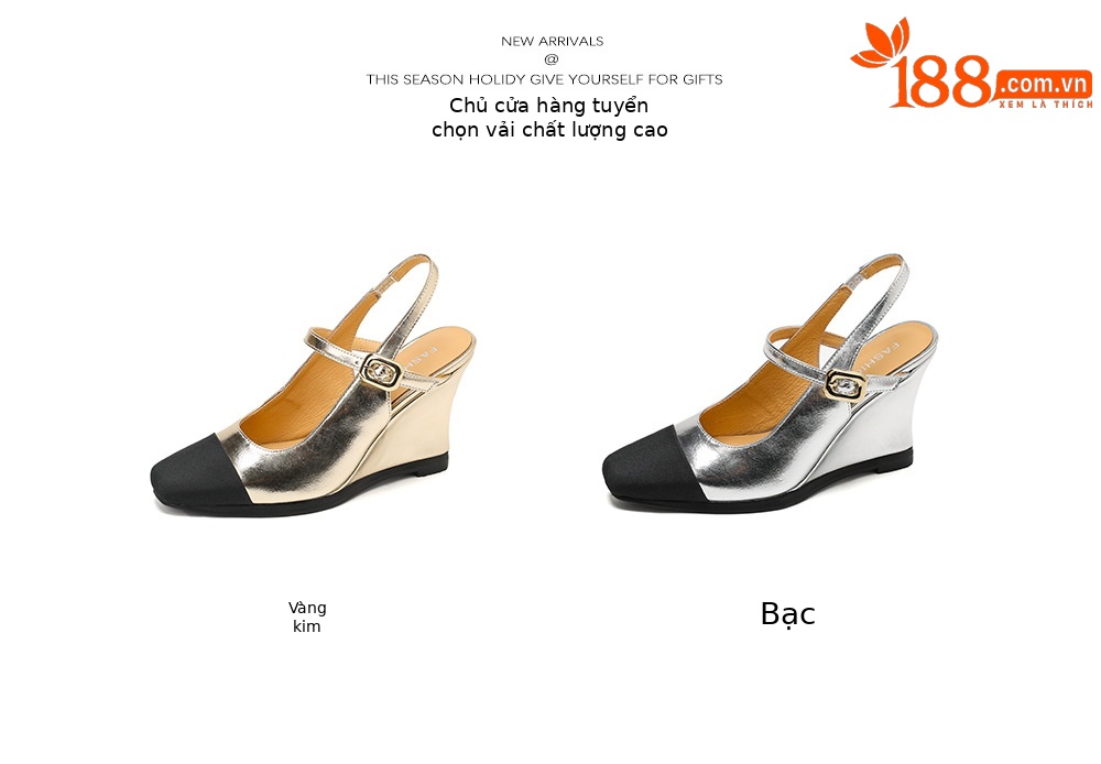 Sandal cao gót nữ mũi vuông quai ngang phong cách Chanel, gót xuồng 2026 — màu vàng, bạc chi tiết 4