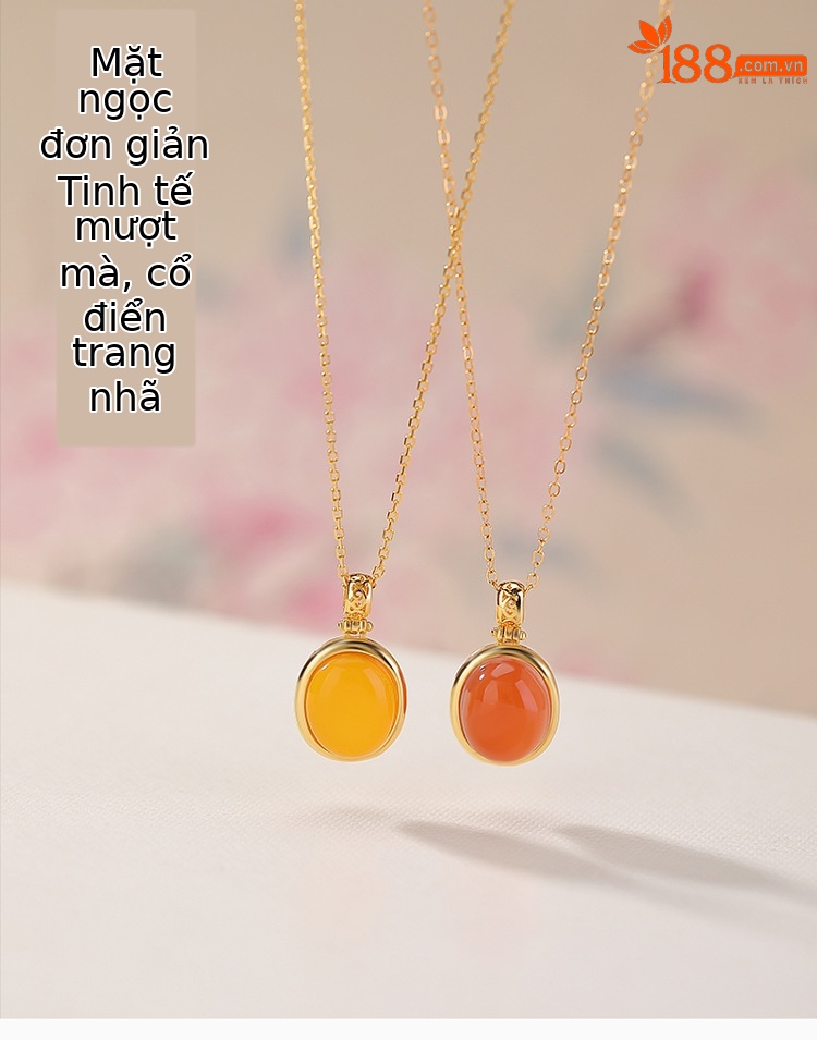 Mặt dây chuyền bạc S925 mạ vàng hình tròn cổ điển đính mã não đỏ tự nhiên và hổ phách — Mẫu màu hổ phách - Mặt dây chuyền đơn (không bao gồm dây) chi tiết 1