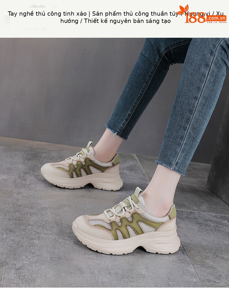 Giày sneaker nữ đế dày phong cách retro da bò — xanh lá cây chi tiết 1