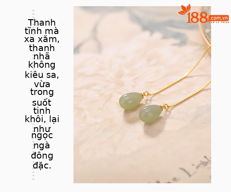 Khuyên tai nữ bạc S925 mạ vàng đá ngọc bích tự nhiên hình giọt nước — Kiểu khuyên tai chi tiết 4