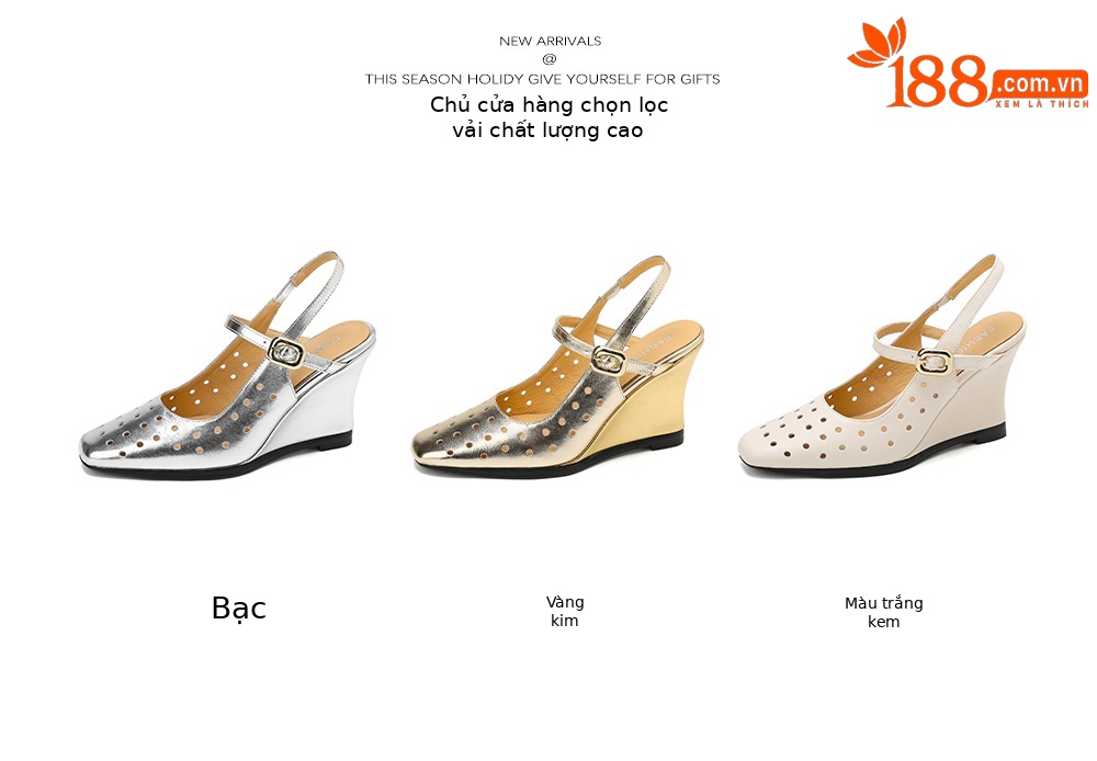 Sandal cao gót nữ mũi vuông quai ngang đế xuồng da thật lỗ thoáng khí — màu vàng, Trắng sữa, bạc chi tiết 4