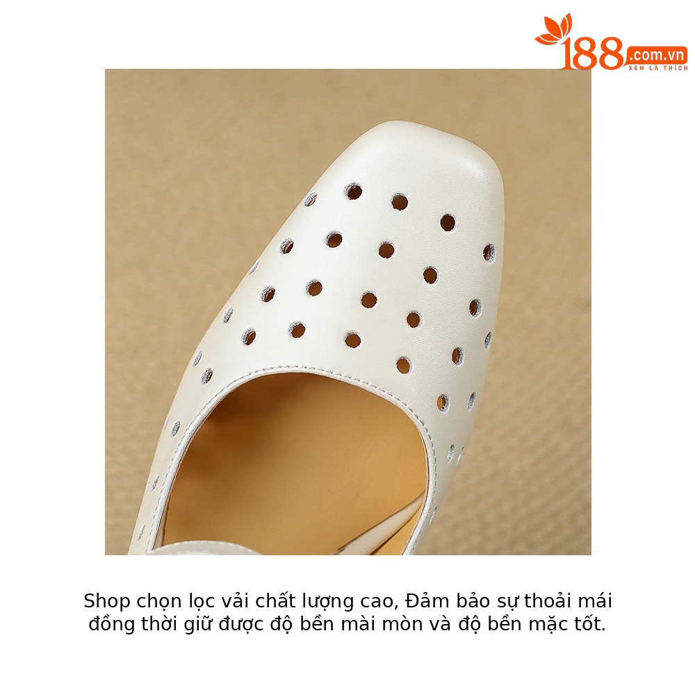 Sandal cao gót nữ mũi vuông quai ngang đế xuồng da thật lỗ thoáng khí — màu vàng, Trắng sữa, bạc chi tiết 18
