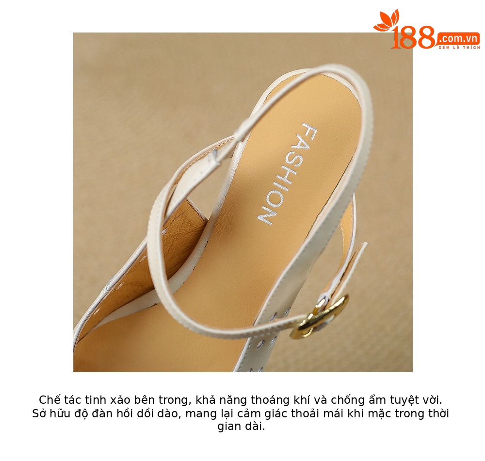 Sandal cao gót nữ mũi vuông quai ngang đế xuồng da thật lỗ thoáng khí — màu vàng, Trắng sữa, bạc chi tiết 19