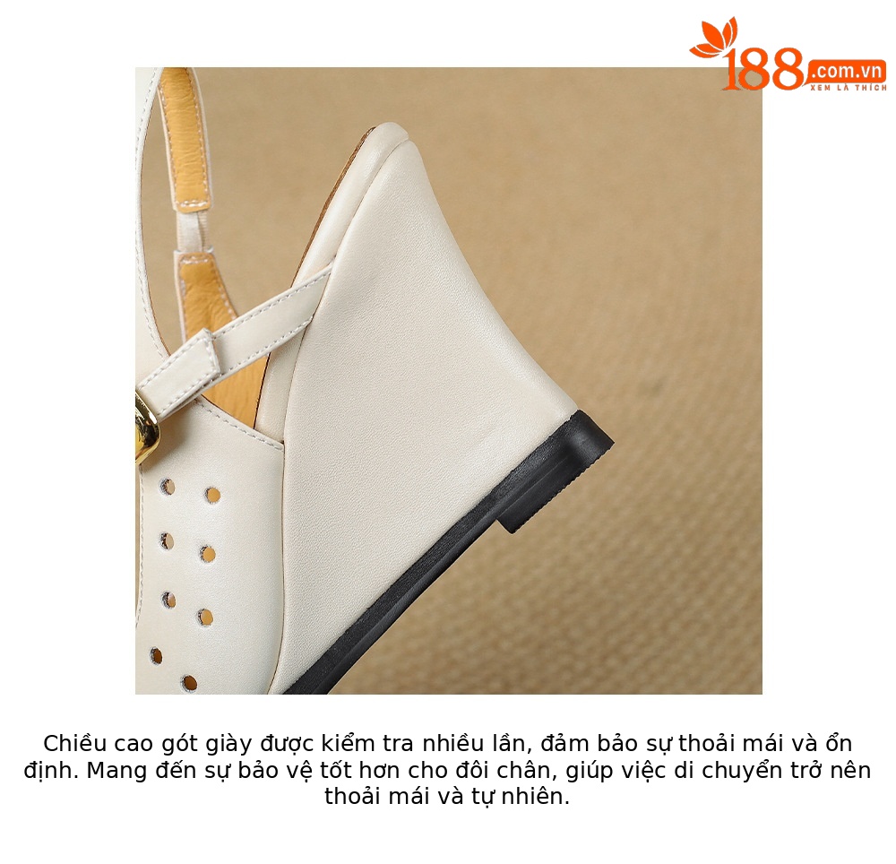 Sandal cao gót nữ mũi vuông quai ngang đế xuồng da thật lỗ thoáng khí — màu vàng, Trắng sữa, bạc chi tiết 20