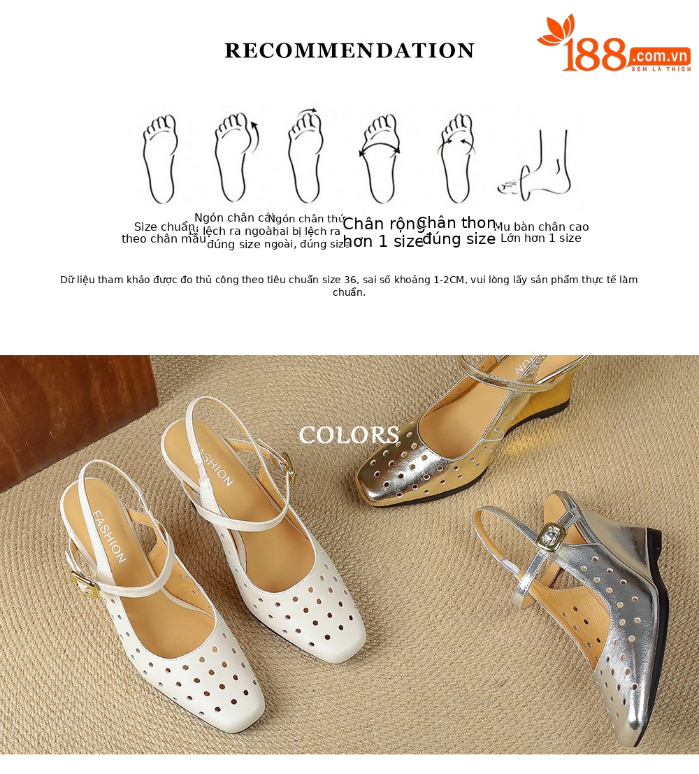 Sandal cao gót nữ mũi vuông quai ngang đế xuồng da thật lỗ thoáng khí — màu vàng, Trắng sữa, bạc chi tiết 3