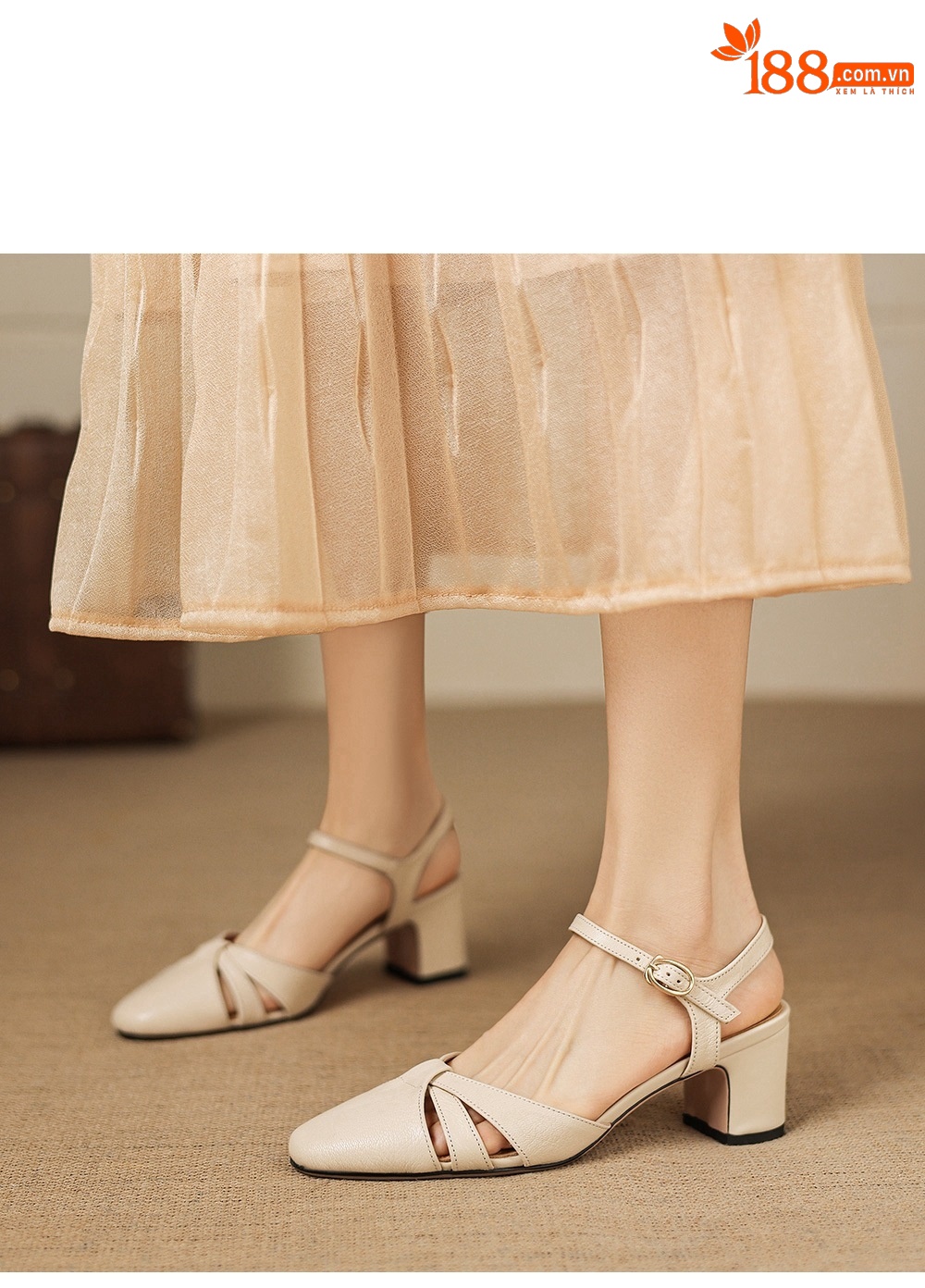 Sandal nữ quai ngang mũi kín gót vuông ổn định — màu be chi tiết 13