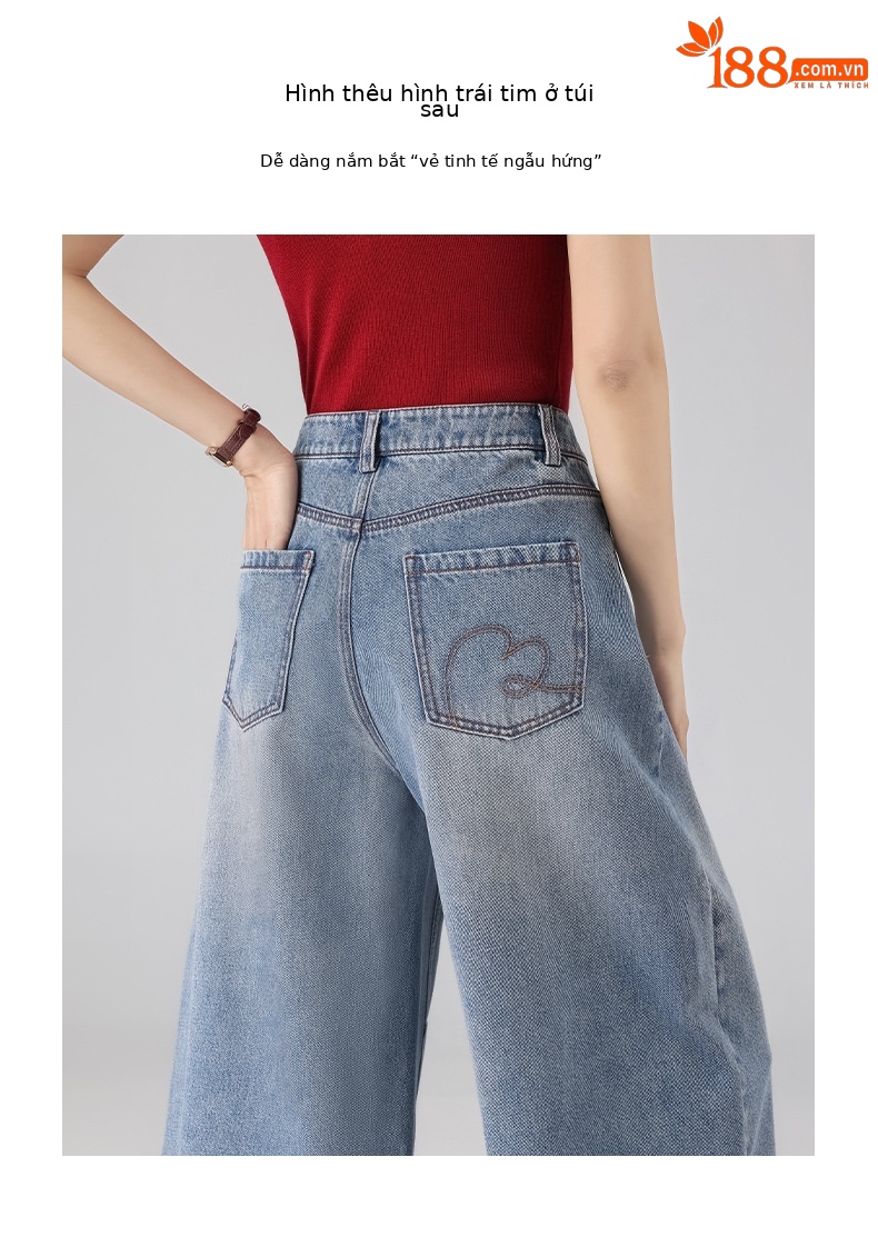 Quần jean nữ ống rộng cạp cao phong cách Mỹ retro, dáng suông rộng che khuyết điểm, dài 7–8 phân — màu xanh nhạt chi tiết 6