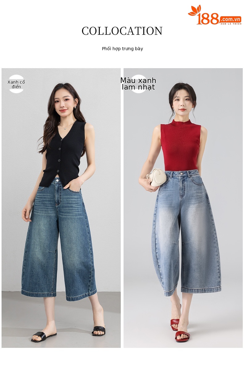 Quần jean nữ ống rộng cạp cao phong cách Mỹ retro, dáng suông rộng che khuyết điểm, dài 7–8 phân — màu xanh nhạt chi tiết 8