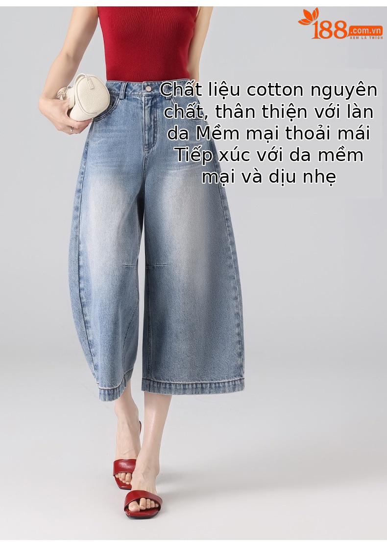 Quần jean nữ ống rộng cạp cao phong cách Mỹ retro, dáng suông rộng che khuyết điểm, dài 7–8 phân — màu xanh nhạt chi tiết 10