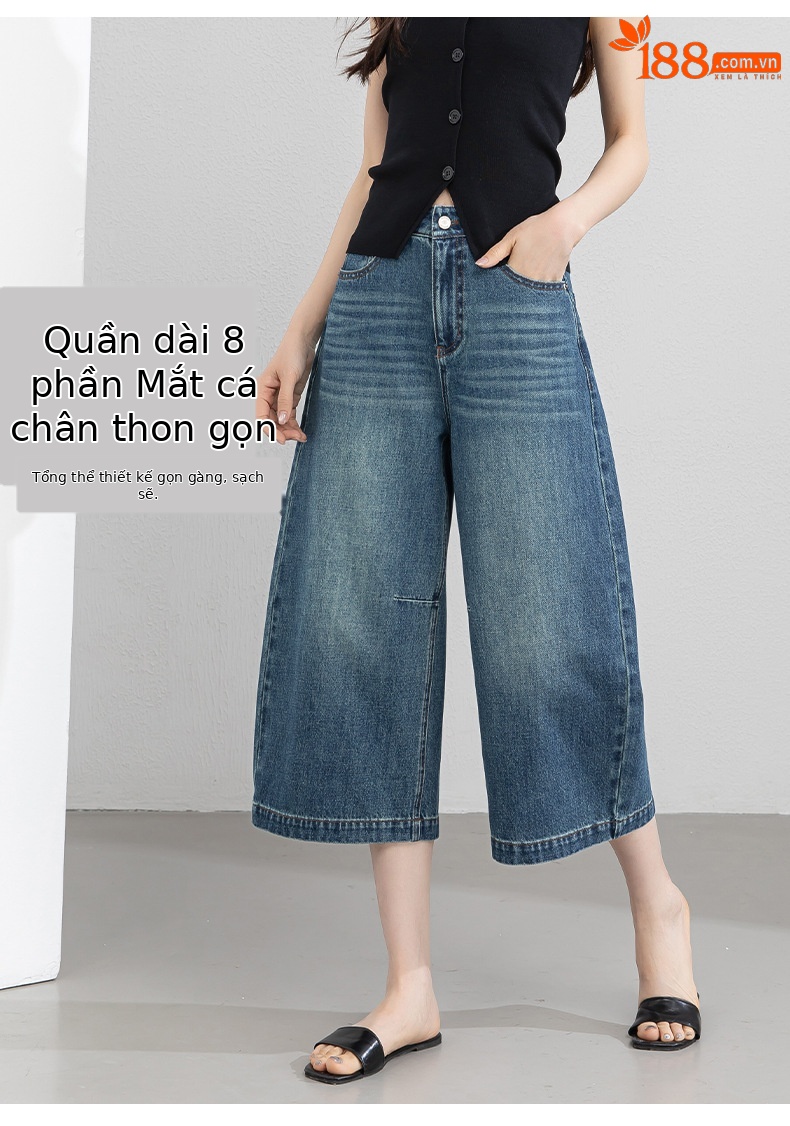 Quần jean nữ ống rộng cạp cao phong cách Mỹ retro, dáng suông rộng che khuyết điểm, dài 7–8 phân — màu xanh nhạt chi tiết 11