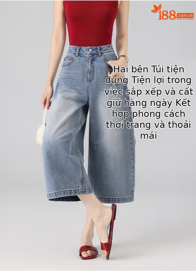 Quần jean nữ ống rộng cạp cao phong cách Mỹ retro, dáng suông rộng che khuyết điểm, dài 7–8 phân — màu xanh nhạt chi tiết 12