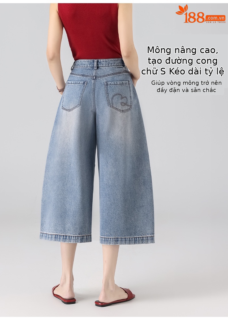 Quần jean nữ ống rộng cạp cao phong cách Mỹ retro, dáng suông rộng che khuyết điểm, dài 7–8 phân — màu xanh nhạt chi tiết 16